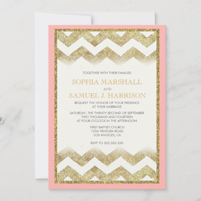 Convite para Casamento com Glitter Dourado Chevron (Frente)