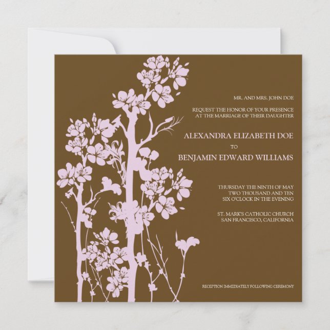 Convite para Casamento com Lilac/Chocolate Floral  (Frente)