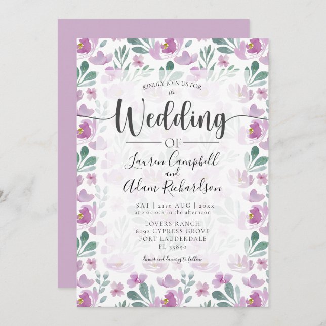 Convite para Casamento com Púrpura, Cor-de-Aquarel (Frente/Verso)