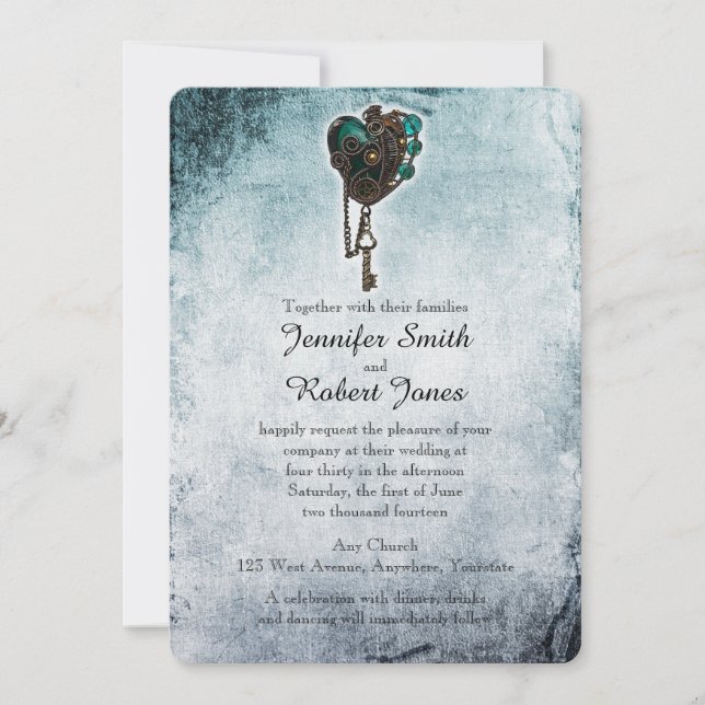 Convite para Casamento com Teal Heart Steampunk (Frente)