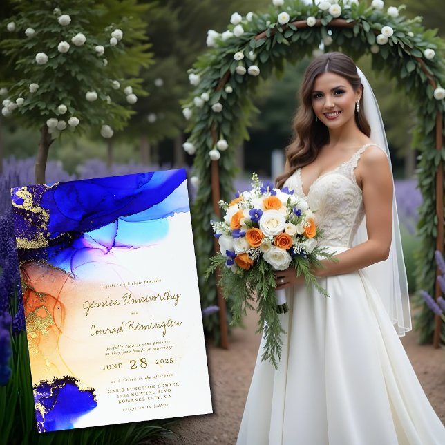 Convite para Casamento com Tinta Dourada Azul (Blue Gold Alcohol Ink Wedding Invitation. Model is AI Gen. )