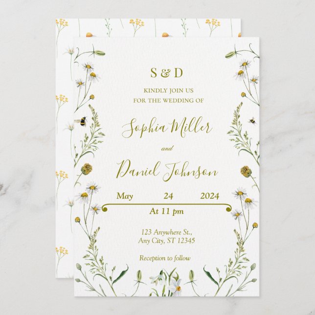 Convite para Casamento com Visitas - Elegante Flor (Frente/Verso)