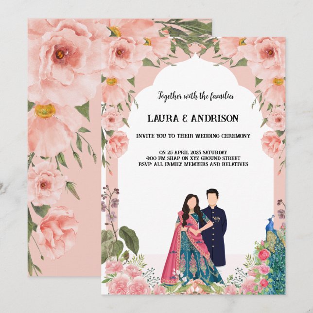 convite para casamento cor-de-rosa e branca (Frente/Verso)