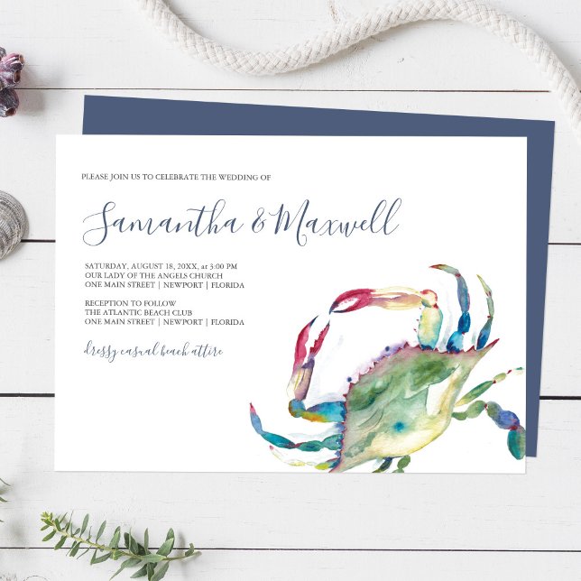 Convite para Casamento Costeiro Elegante (Coastal wedding invitations feature watercolor blue crab art by Victoria Grigaliunas Do Tell A Belle)