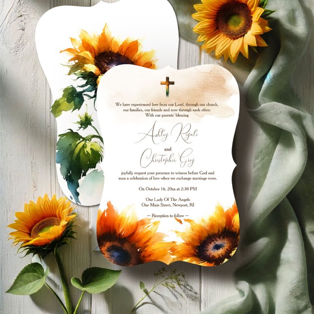 Convite para Casamento Cristão - Girassóis (Christian wedding invitations watercolor sunflowers rustic shades of yellows and greens)