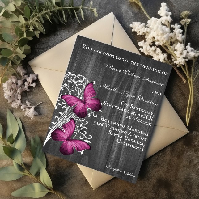 Convite para casamento da borboleta rustica magent (Magenta Rustic Butterfly Wedding Invitation)