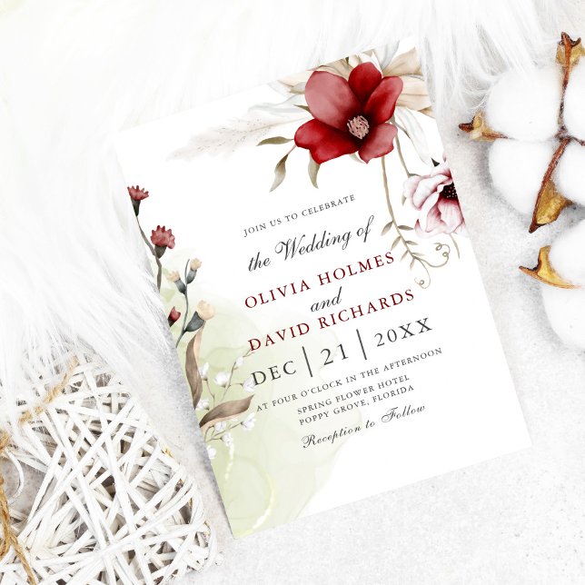 Convite para Casamento da Elegância de inverno da  (Modern winter wedding invitation on white cozy background with cotton flowers)