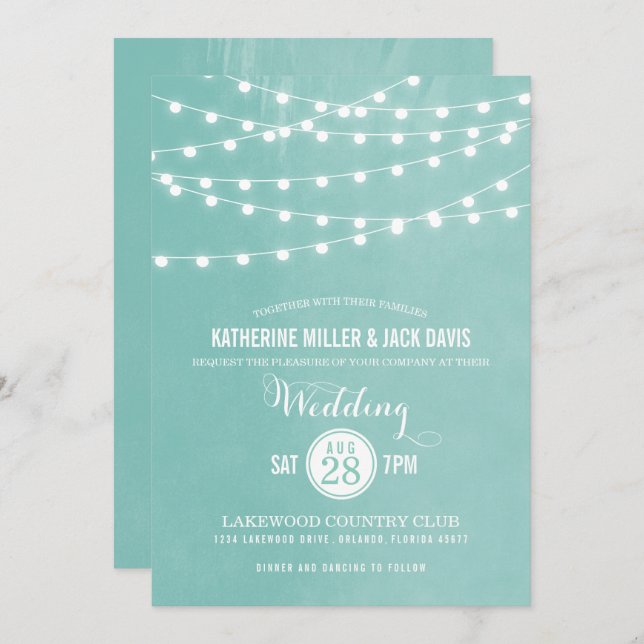 Convite para Casamento das Luzes de Aqua String (Frente/Verso)