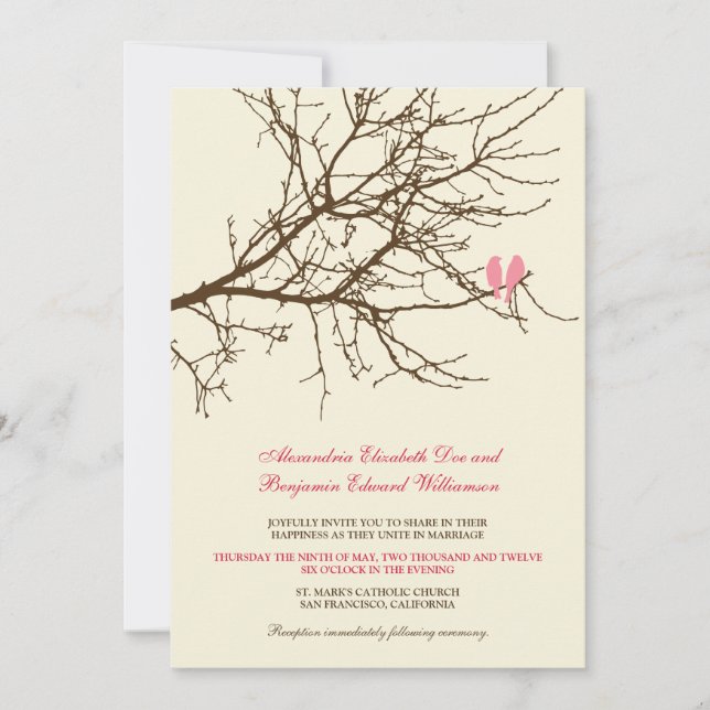 Convite para Casamento de Amar Aves (castanho/rosa (Frente)