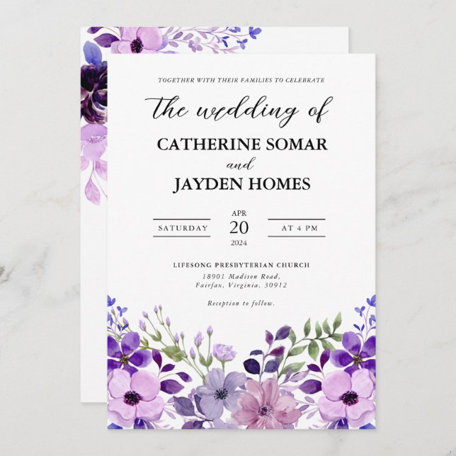 Convite para Casamento de Amor Roxo Elegante (Frente/Verso)