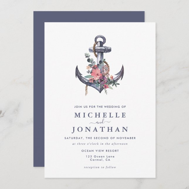 Convite para Casamento de Âncora Floral Náutica (Frente/Verso)