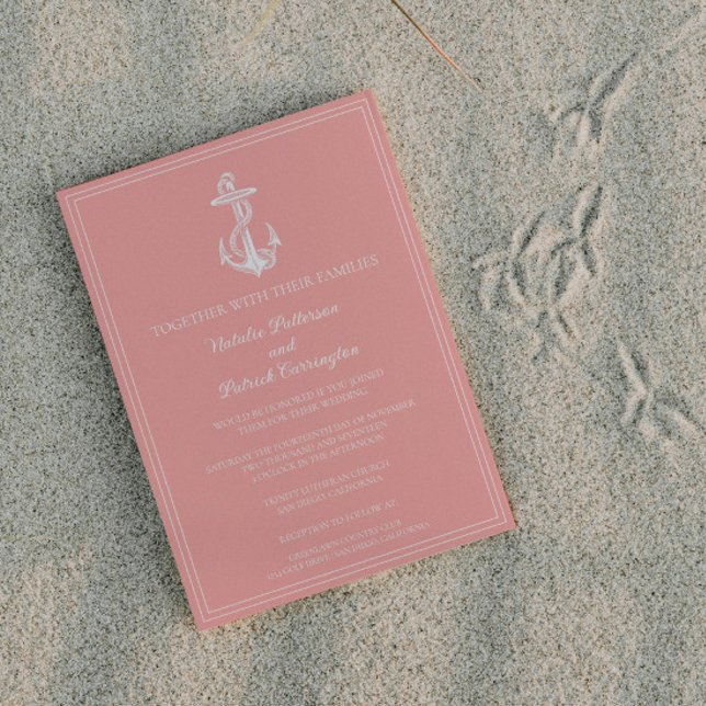 Convite para Casamento de Âncora Náutica Coral (Coral Nautical Anchor Wedding Invitation)