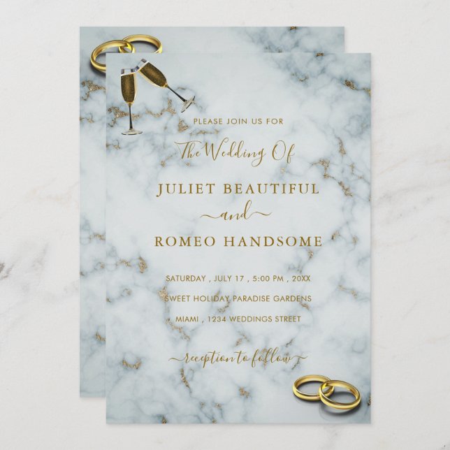 Convite para Casamento de Anéis Brancos Dourados M (Frente/Verso)