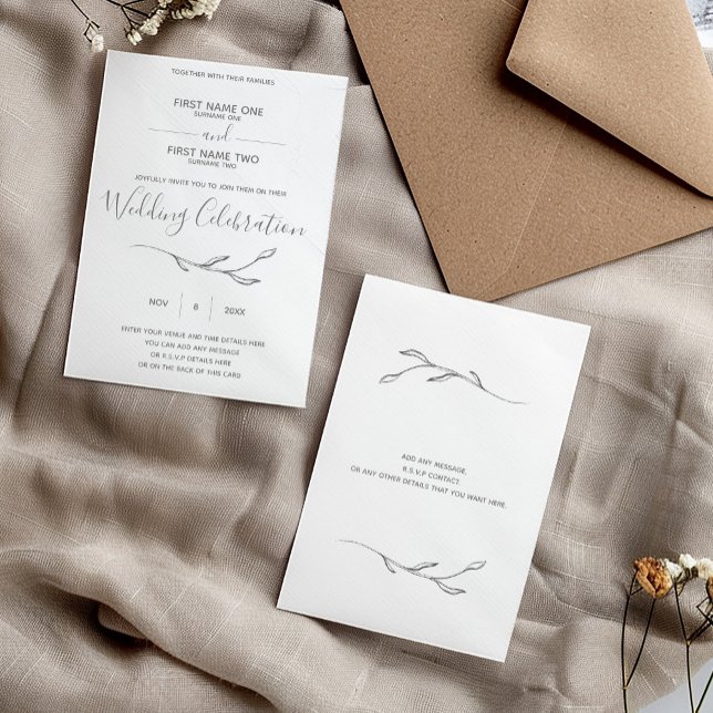 Convite para casamento de anéis de casamento (Delicate and pretty wedding invitation with soft subtle floral detail and hand written style font)