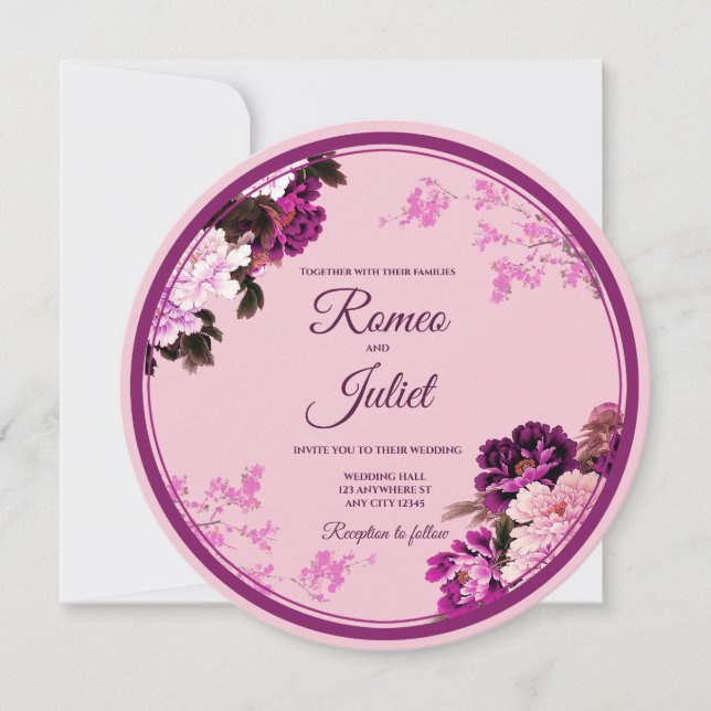 Convite para Casamento de Anel Floral Roxo (Frente)