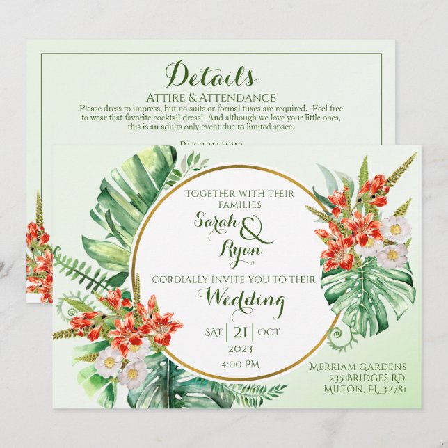 Convite para Casamento de Anel Tropical com Detalh (Frente/Verso)