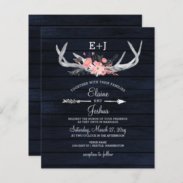 Convite para Casamento de Antler Floral com Blush  (Frente/Verso)