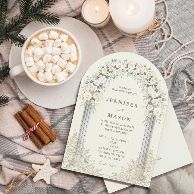 Convite para Casamento de Arca Floral Elegante (Elegant Floral Arch Wedding Invitation #zazzlefinds #softcolorinvitation #goldandflowers #watercolor)