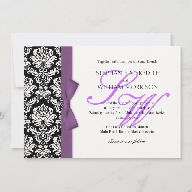 Convite para Casamento de Arco Roxo do Damask Mono (Frente)