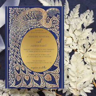 Convite para Casamento de Arte Pavão Dourada Azul