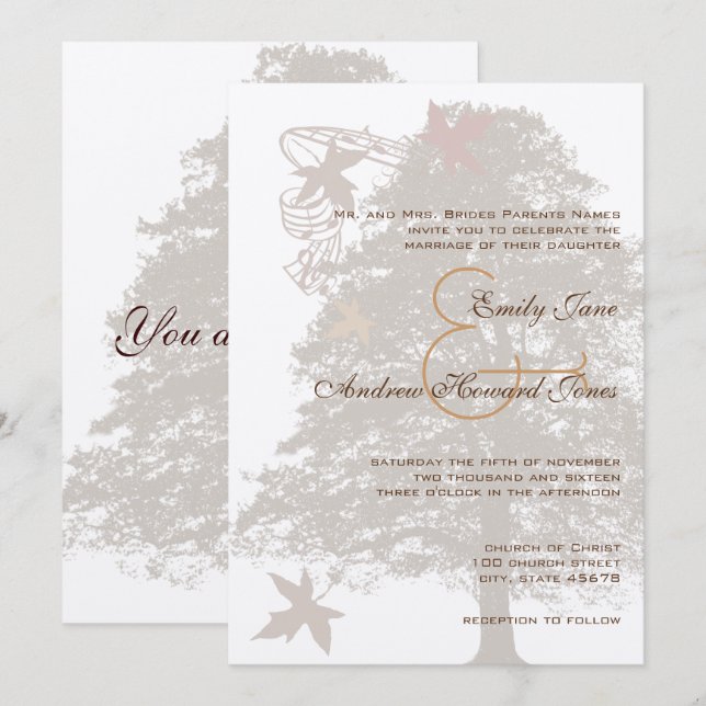 Convite para Casamento de Árvore de Carvalho Casta (Frente/Verso)