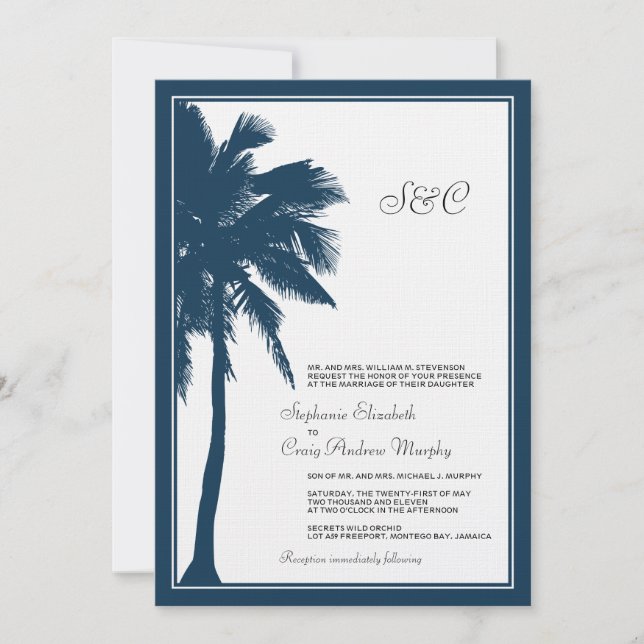 Convite para Casamento de Árvore Palm Azul Marinho (Frente)