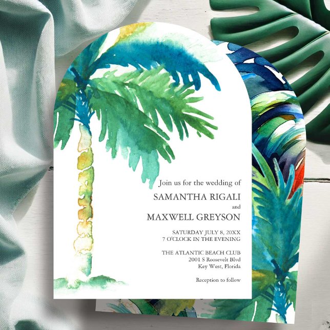 Convite para Casamento de Árvore Palm Inspirado no (Palm tree wedding invitations watercolor art by Victoria Grigaliunas of Do Tell A Belle)