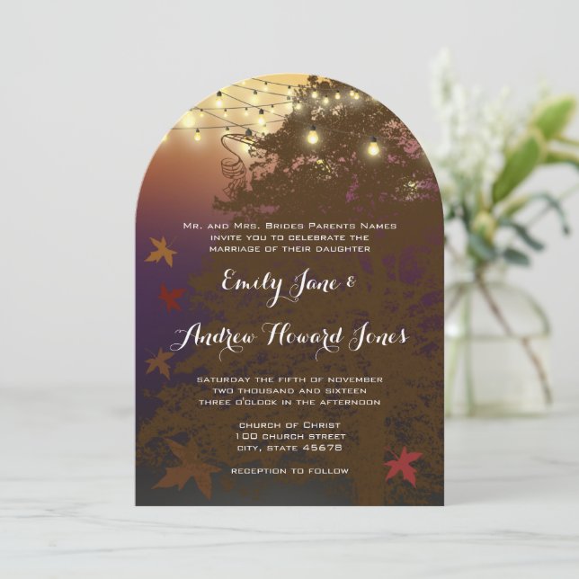 Convite para Casamento de Árvores Marrom à Luz da  (Em pé/Frente)