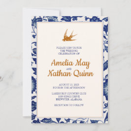 Convite para Casamento de Aves Vintage em Azul Ele
