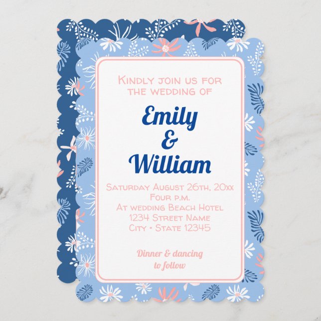 Convite para Casamento de Azul empoeirado floral C (Frente/Verso)