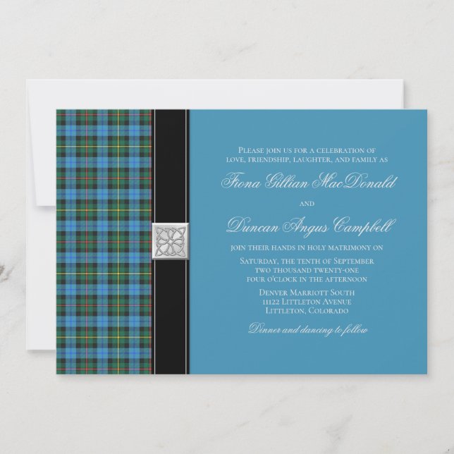 Convite para Casamento de Azul Tartan, Antigo Smit (Frente)