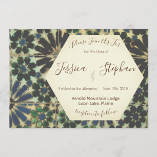 Convite para Casamento de Azulejos Azuis Geométric