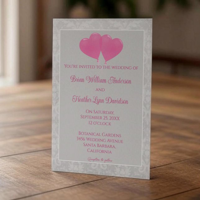 Convite para Casamento de Balões de Coração Rosa (Pink Heart Balloons Wedding Invitation)