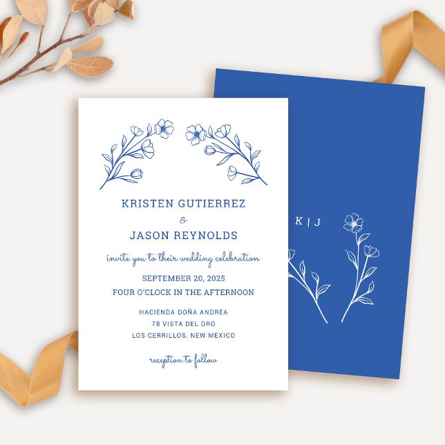Convite para Casamento de Bassas Azuis Cobalto (Wildflower Wedding Invitation in Cobalt Blue)