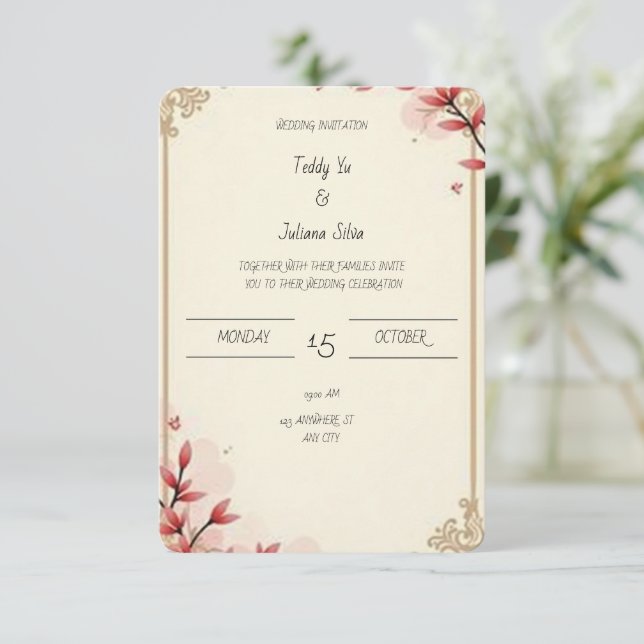 Convite para casamento de bege elegante com sotaqu (Em pé/Frente)