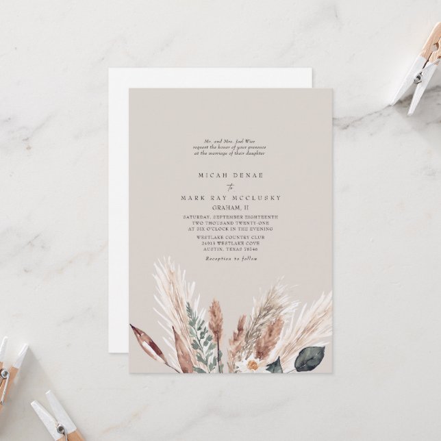 Convite para Casamento de Beige Pampas Colorido (Frente/Verso In Situ)