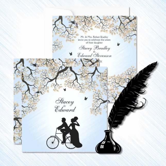 Convite para Casamento de Bicicleta de Céu Azul (Beautiful blue sky country bicycle bride and groom wedding invitation. )