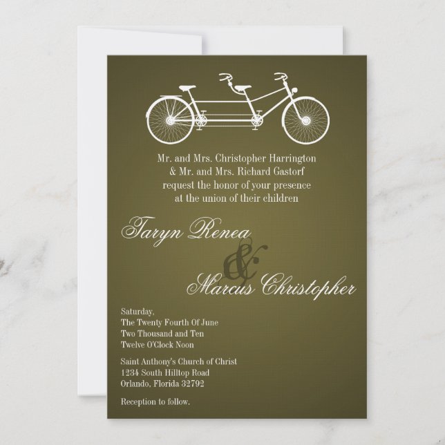Convite para Casamento de Bike Dupla Marrom 5x7 (Frente)