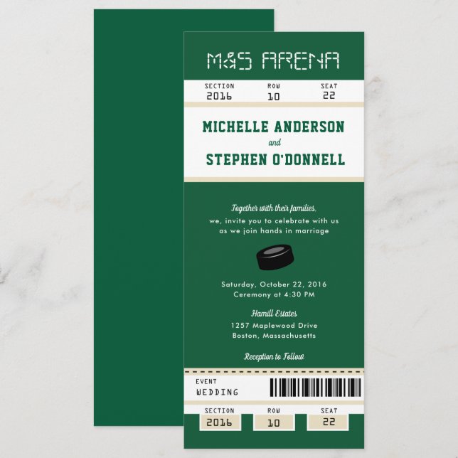 Convite para Casamento de Bilhetes de Hóquei Verde (Frente/Verso)