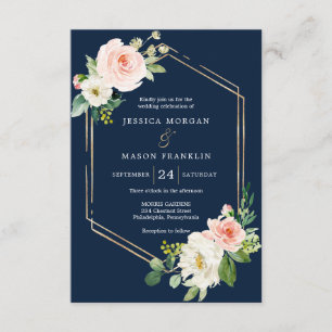 Convite para Casamento de Blush Dourado Azul-marin