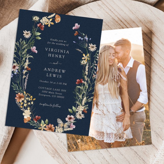 Convite para Casamento de Boho marinho (Navy Blue Boho Photo Wedding Invitation by Painted Paperie
)