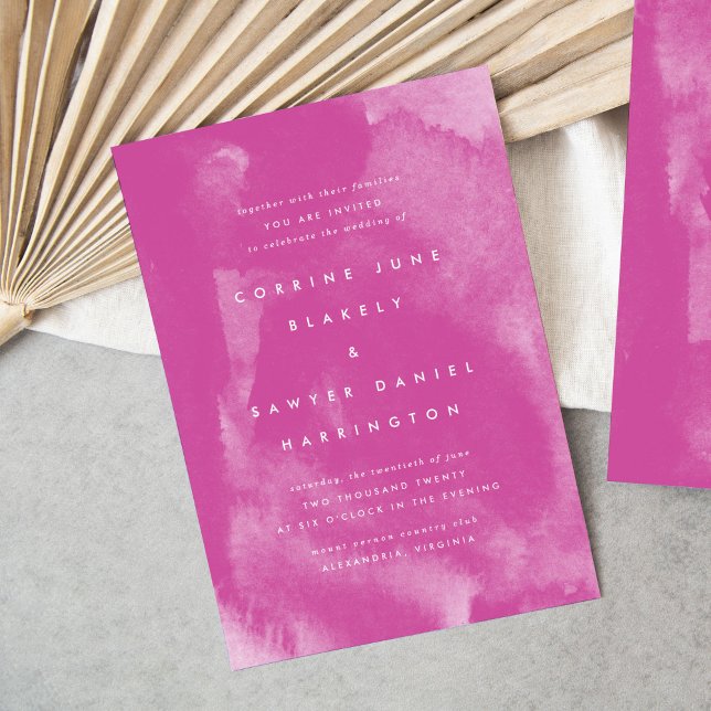 Convite para Casamento de Boho Watercolor Rosa (Rich pink watercolor wash bohemian modern wedding invitations.)
