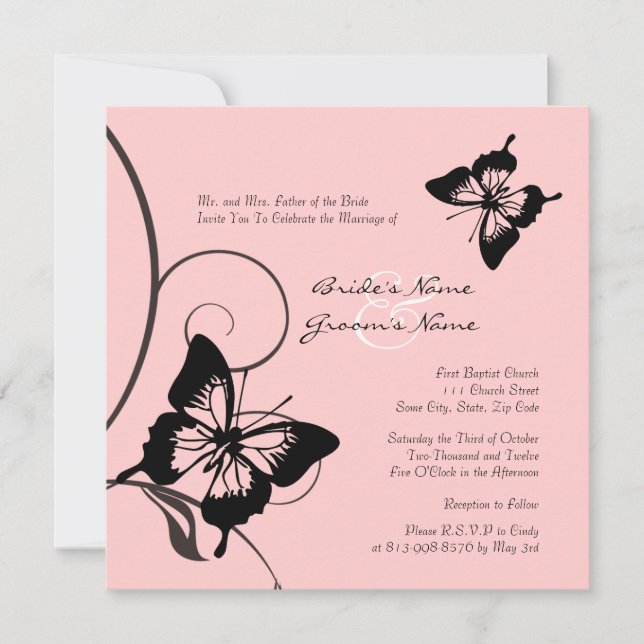 Convite para Casamento de Borboleta Preta e Rosa (Frente)