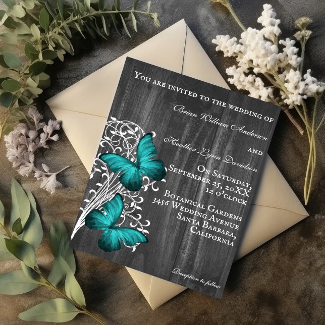 Convite Para Casamento De Borboleta Teal Rustic (Teal Rustic Butterfly Wedding Invitation)