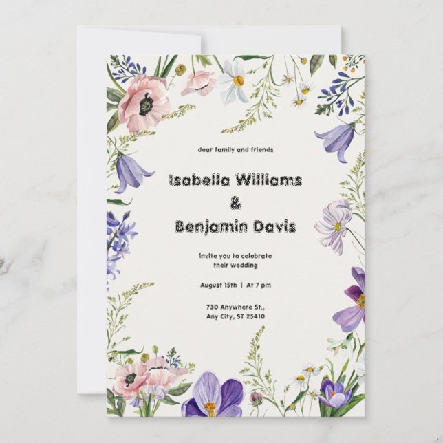 Convite para Casamento de Bordas Florais Roxo e Cr (Frente)