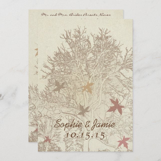 Convite para Casamento de Borgonha e Árvore Marrom (Frente/Verso)