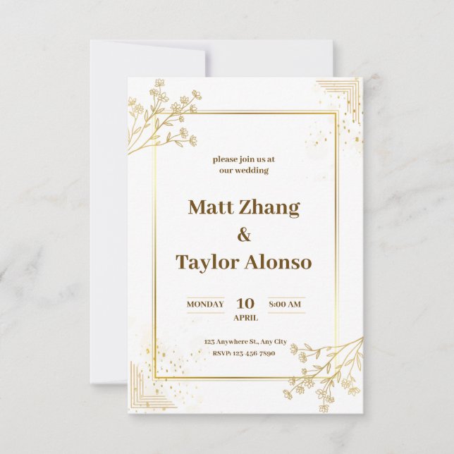 Convite para casamento de branco e ouro (Frente)