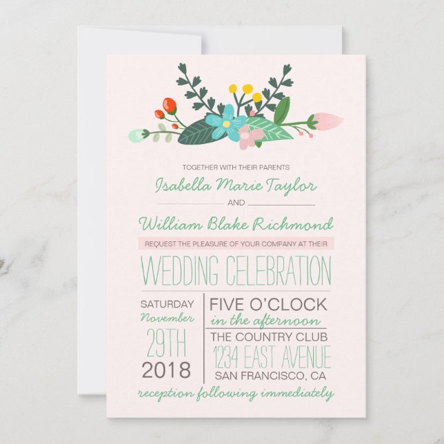 Convite para Casamento de Buquês Florais Teais e R (Frente)