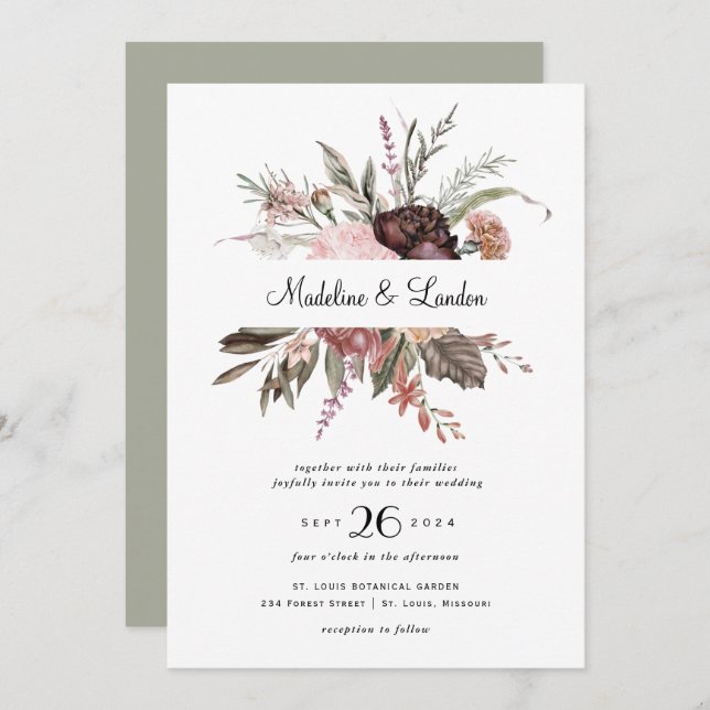 Convite Para Casamento De Burgundy Blush Wildflowe (Frente/Verso)