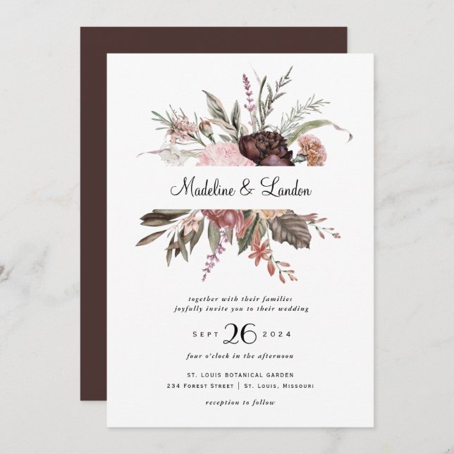 Convite Para Casamento De Burgundy Blush Wildflowe (Frente/Verso)